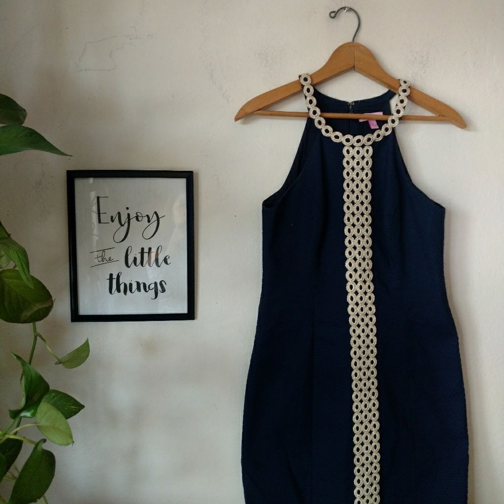 Lilly Pulitzer Sasha Shift Dress Blue Gold Lace 2 - Picture 2 of 8